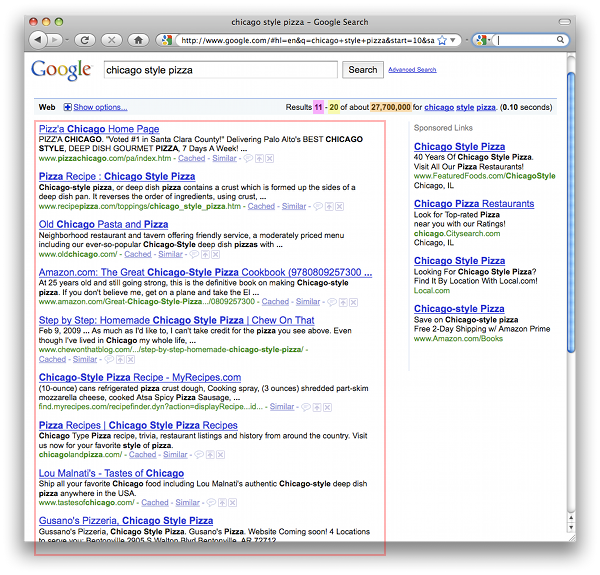 Sample Google search results page top